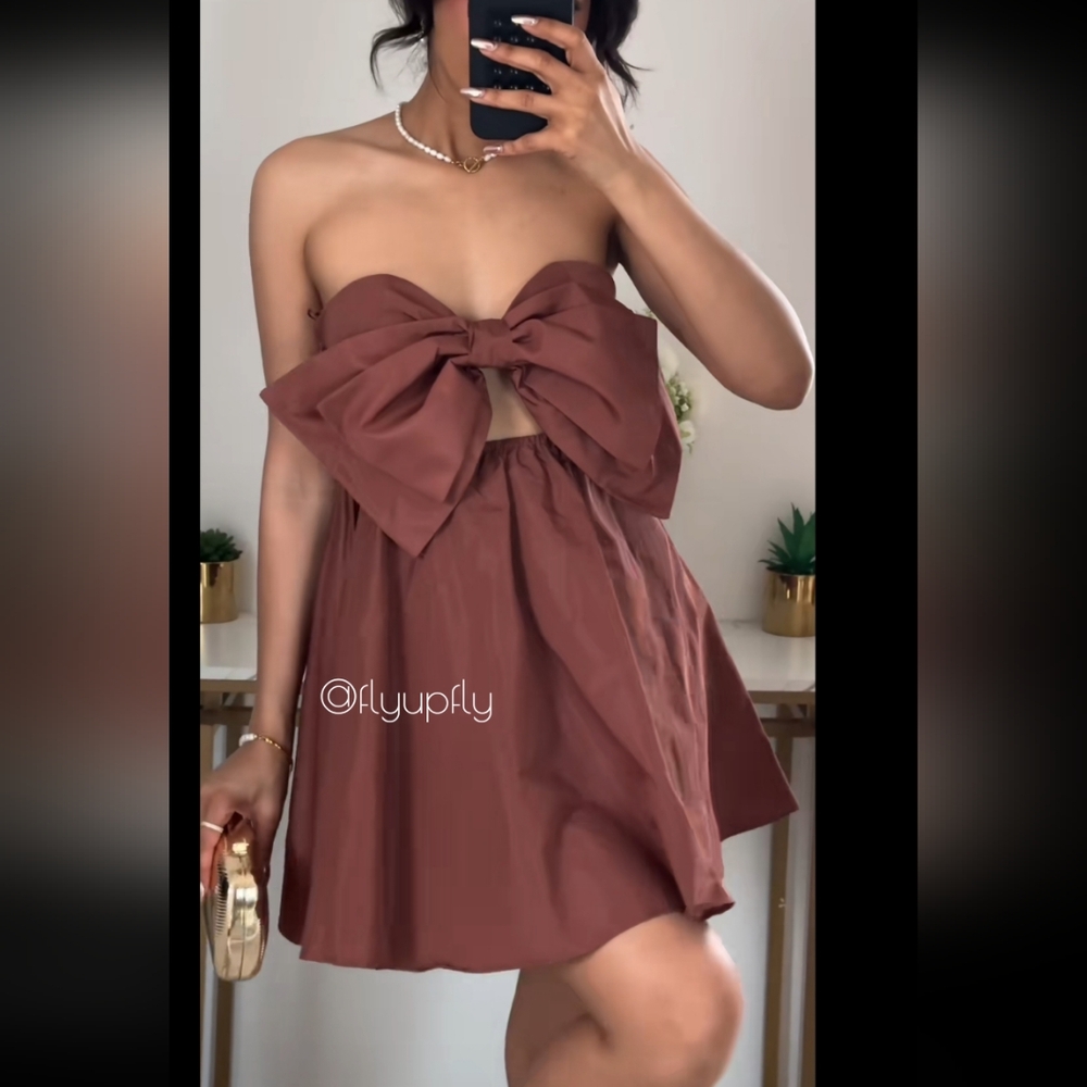 Zara * Bow Mini Dress Brown Size L - Picture 12 of 16
